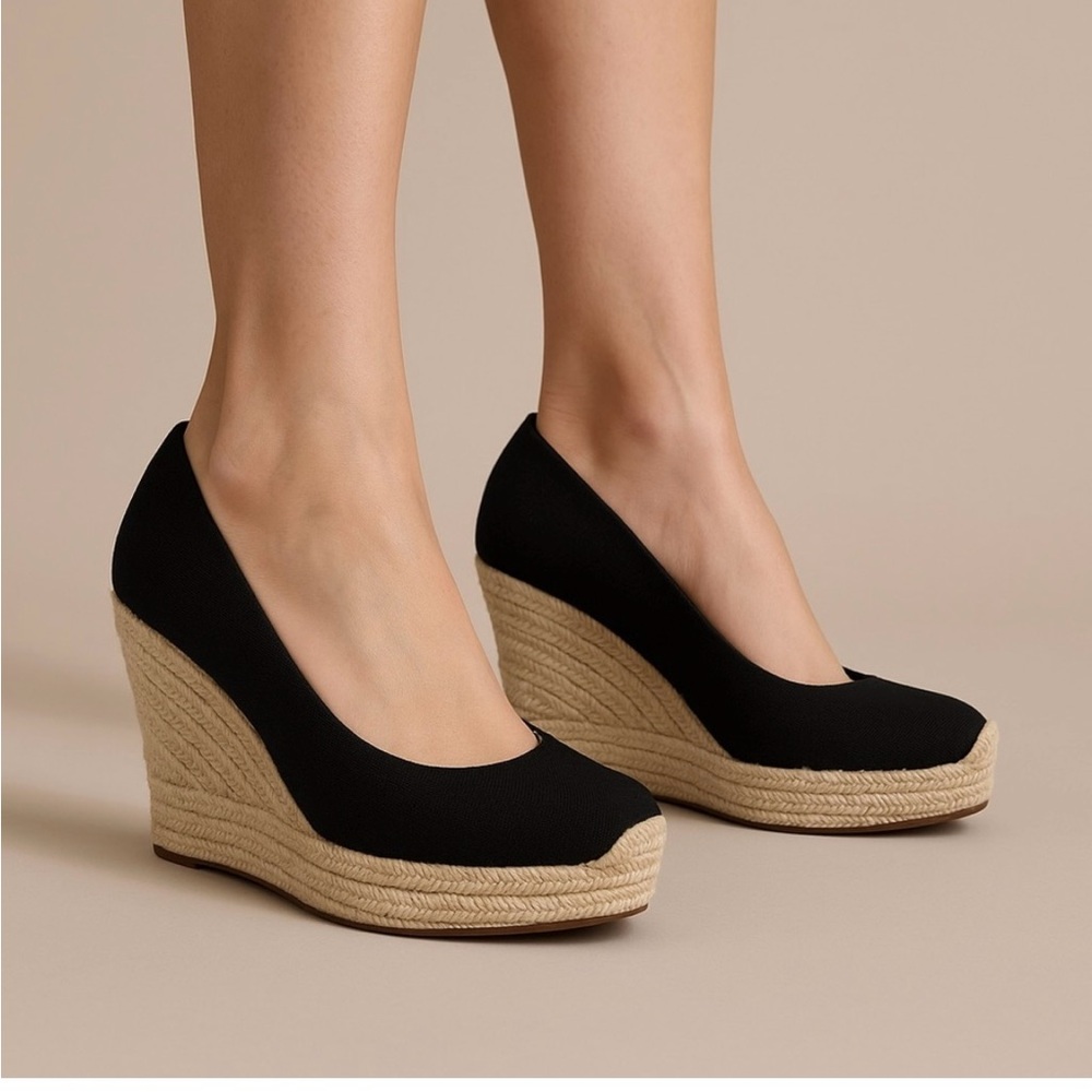 J.Crew Black Canvas Wedge Espadrille Shoes Size 7.5